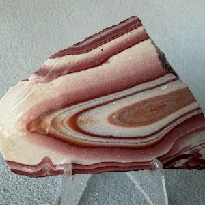 May include: A polished slab of banded stone featuring concentric layers of deep maroon, soft pink, cream, and earthy orange hues. The rock displays a distinct, swirling pattern of natural mineral deposits with a smooth, flat surface and irregular edges.