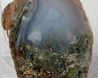 Polished Moss Agate Half | Banded Fortification Agate Display Specimen ~ Natural Crystal Home Decor