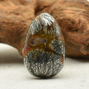 May include: An oval-shaped gemstone with a unique pattern. The stone features a mix of colors, including brown, black, white, and yellow. The surface has a textured appearance with intricate, web-like patterns. The gemstone is set against a blurred wooden background.