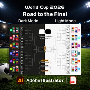 2026 FIFAワールドカップ 決勝トーナメント表テンプレート – Adobe Illustrator & PDF (ダークモード/ライトモード)