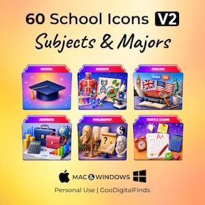 May include: A digital collection titled 60 School Icons V2 Subjects & Majors featuring six colorful folder icons representing School, Science, English, Business, Philosophy, and Tests & Exams. The graphic includes Mac & Windows logos and text.