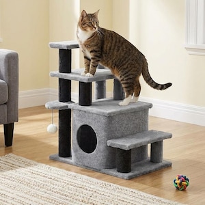 Adjustable Cat Stairs 3 4 Step Pet Steps Scratching Post Condo Bed Sofa Gray