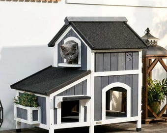 Outdoor Cat House, Weatherproof Wooden Shelter with Flowerpot, Two-Story Feral Cat Condo