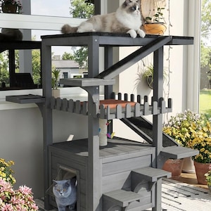 May include: A multi-level gray cat tree with multiple platforms, a house, and a scratching post. Two cats are present, one lounging on top and another exiting the house. The structure is on a patio with plants and a rug.
