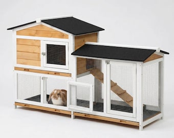 Wooden Rabbit Hutch with Run, 2-Story Outdoor Bunny House, Weatherproof Small Animal Cage
