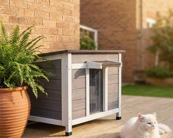 Outdoor Cat House Wooden Shelter, Weatherproof Feral Kitty Condo with Asphalt Roof & Door Flap