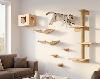 Wall Mounted Cat Shelves, Wooden Climbing Furniture with Condo, Hammock & Sisal Posts
