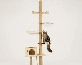 Adjustable Floor-to-Ceiling Cat Tree Tower, Wood Condo, Hammock, Sisal Scratching Posts