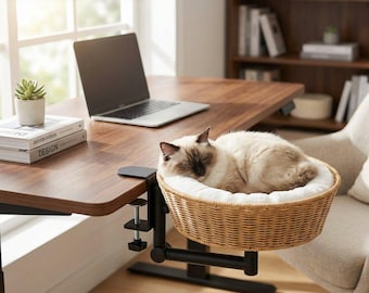 Clamp-On Desk Cat Bed, Rotatable Rattan Perch with Cushion, Space Saving Lounge