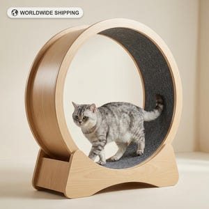 Rueda de ejercicio para gatos, cinta de correr de madera, mueble para que los gatos corran en interiores con forro de moqueta para hacer ejercicio.