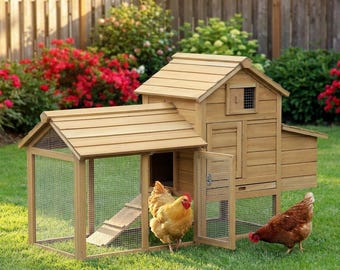 Wooden Chicken Coop with Nesting Box, Outdoor Poultry Cage for 2 Hens