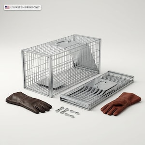 May include: A metal cage trap with a rectangular design, a removable tray, and a separate lid. Two pairs of brown leather gloves and several metal clips are also present. The cage is made of silver-colored metal.