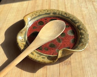 Ray Pottery Spoon Rest, Handmade North Carolina, Red Oxblood Glaze