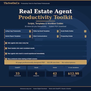 Op de afbeelding: Een marineblauwe afbeelding voor een "Real Estate Agent Productivity Toolkit". Het bevat scripts, sjablonen en workflowgidsen. De toolkit biedt 33 frameworks, 6 categorieën en 42 pagina's. Ontworpen voor vastgoedprofessionals.