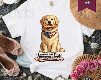 Funny Golden Retriever 4th of July Shirt, Land of the Free Home of the Hungry Tee, Patriotic Dog Hotdog Shirt