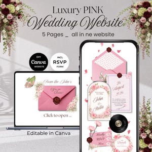 May include: A pink wedding website design displayed on a laptop and smartphone. The website includes RSVP forms and is editable in Canva. The design features floral accents, a pink envelope, and the text "Luxury PINK Wedding Website".