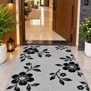 Black Floral Area Rug, Grey and Black Flower Carpet, Modern Soft Living Room Rug, Bedroom Floor Mat, Elegant Home Decor Rug