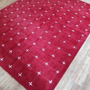 Hand Tufted Red Geometric Area Rug | Scandinavian Modern Rug | Minimalist Grid Pattern Carpet | Handmade Contemporary Living Room Rug