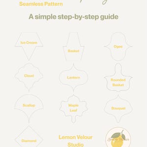 May include: A Procreate template guide for seamless patterns featuring a step-by-step guide with outlines labeled Ice Cream, Basket, Ogee, Cloud, Lantern, Rounded Basket, Scallop, Maple Leaf, Diamond, and Bouquet, with Lemon Velour Studio branding.