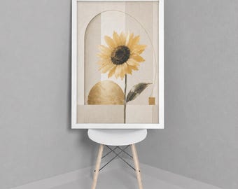Afdrukbare zonnebloemkunst aan de muur, botanische woonkamerposter, gele bloemenprint (digitale download)