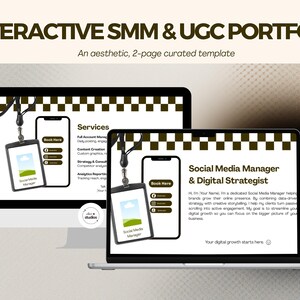 May include: A computer monitor and laptop show a Social Media Manager & Digital Strategist portfolio template. The template includes the text "Interactive SMM & UGC Portfolio" and "An aesthetic, 2-page curated template."