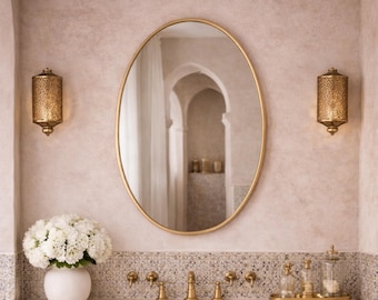 Handcrafted Oval Brass Mirror – Gold Frame Bathroom & Vanity Wall Mirror