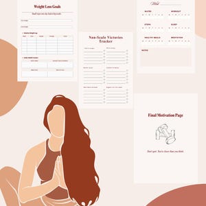 Puede incluir: Un planificador de fitness digital y un rastreador de entrenamiento con un diseño minimalista. El planificador incluye secciones para objetivos de pérdida de peso, seguimiento de hábitos y victorias no relacionadas con la escala. La imagen también presenta una página de motivación.