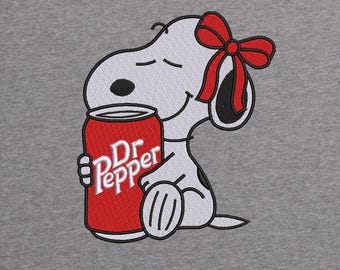 Snoopy with Soda Can Embroidery Design | Cute Snoopy Embroidery Design | Peanuts Dog with Bow Trendy Embroidery Design