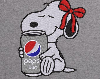 Snoopy with Diet Pepsi Can Embroidery Design | Cute Snoopy Embroidery Design | Peanuts Dog with Bow Trendy Embroidery Design