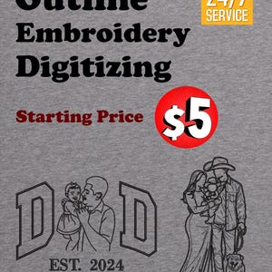 Könnte beinhalten: Grauer Hintergrund mit dem Text "Outline Embroidery Digitizing". Enthält einen roten Kreis mit "$5" und ein 24/7-Service-Symbol. Enthält Strichzeichnungen eines Vaters und Kindes sowie einer Familie mit Hund. Der Text "EST. 2024" ist ebenfalls vorhanden.