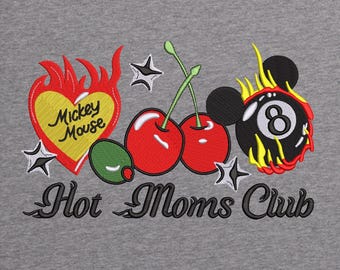 Hot Moms Club Rockabilly Embroidery Design | Retro Flaming Heart, Cherries & 8 Ball | Rock ,Roll Trendy Embroidery File