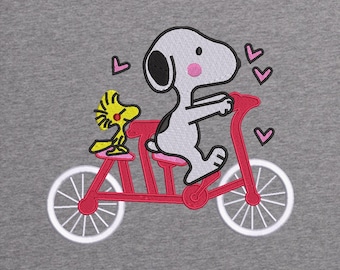 Snoopy and Woodstock Bicycle Embroidery Design Love Hearts Valentine 5x7 6x10 Machine File PES DST Instant Download