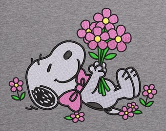 Snoopy Flowers Embroidery Design | Cartoon Dog Embroidery Design| 2 sizes| Instant Download
