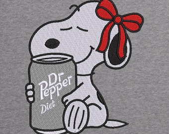 Snoopy with Diet Dr Pepper Can Embroidery Design | Cute Snoopy Embroidery Design | Peanuts Dog with Bow Trendy Embroidery Design