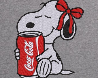 Snoopy with Coca Cola Can Embroidery Design | Cute Snoopy Embroidery Design | Peanuts Dog with Bow Trendy Embroidery Design