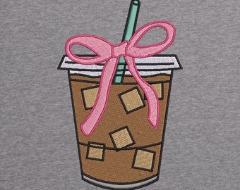 Iced Coffee Pink Bow embroidery design | instant download