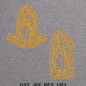 Könnte beinhalten: Zwei goldfarbene Stickmuster einer religiösen Figur mit Heiligenschein und Sternen, umgeben von Rosen. Der Text oben lautet "3 SIZES | 4X4, 5X7, 5X9". Der Text unten lautet "DST, JEF, PES, VP3". Auf grauem Hintergrund.