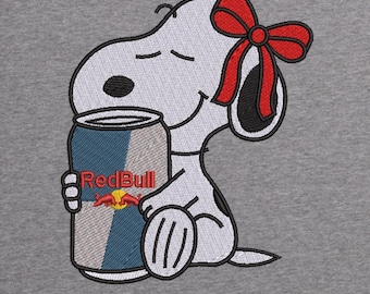 Snoopy with Red Bull Can Embroidery Design | Cute Snoopy Embroidery Design | Peanuts Dog with Bow Trendy Embroidery Design