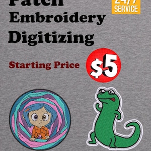 Könnte beinhalten: Grauer Hintergrund mit Text "Patch Embroidery Digitizing" und "Starting Price $5". Enthält gestickte Aufnäher eines Mädchens mit blauen Haaren und einer grünen Eidechse.
