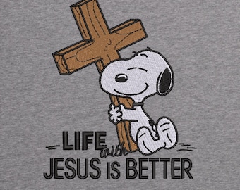 Snoopy Hugging Cross | Life With Jesus is Better | Christian Embroidery Design | 4x4, 5x7 & 6x10 PES DST Instant Download