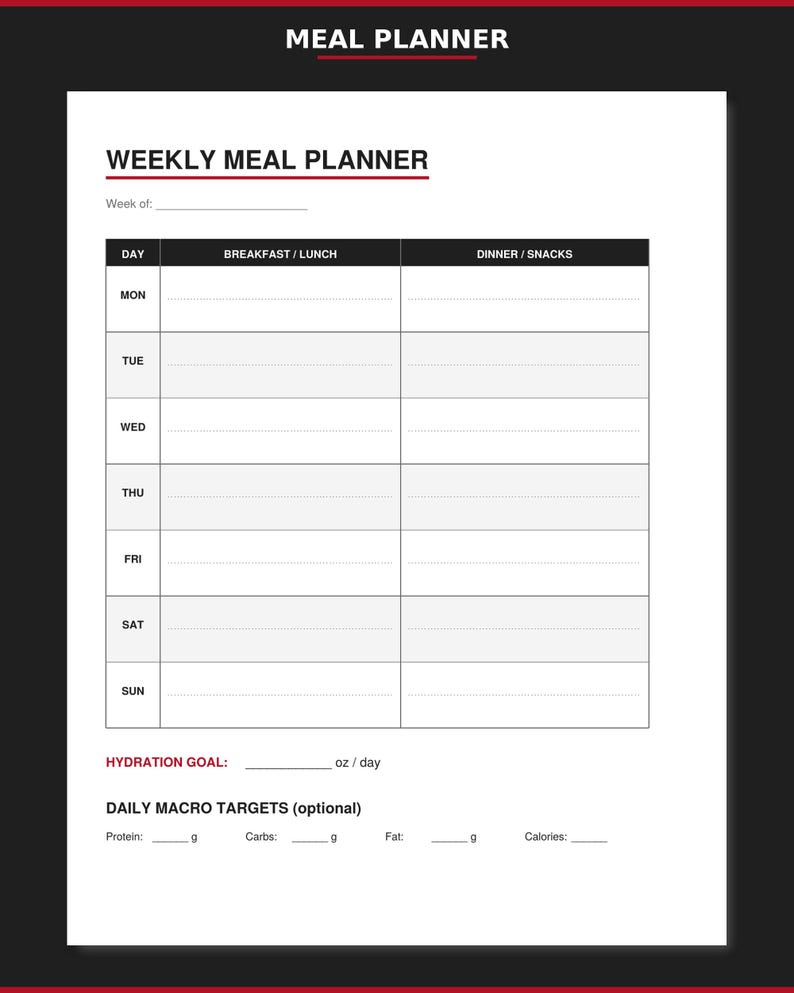 Printable Weekly Fitness Planner | Workout Log, Meal Planner & Progress ...