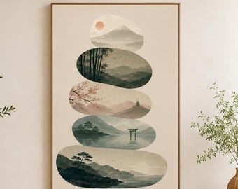 Zen Küstenlandschaft / Wandkunst – Japandi Poster, Japanische Naturkunst, Torii am See, Wabi Sabi Wandbild, Asiatische Deko