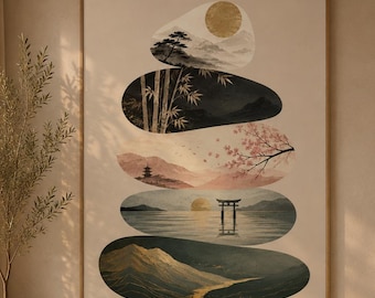Japanische Zen Steine Landschaft / Wandkunst – Wabi Sabi Poster, Torii und Sakura Kunst, Asiatische Minimalistische Deko, Japandi Wandbild