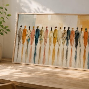 K&ouml;nnte beinhalten: Ein rechteckiger gerahmter Kunstdruck, der eine horizontale Reihe abstrakter Figuren von hinten zeigt. Die Figuren sind in verschiedenen gedeckten Farben wie Orange, Blau, Gelb und Grau gehalten, wobei vertikale Pinselstriche Reflexionen erzeugen.