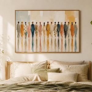 K&ouml;nnte beinhalten: Ein rechteckiger Wandkunstdruck mit einer horizontalen Reihe abstrakter Figuren in verschiedenen Farben, darunter Orange, Blau, Gelb und Wei&szlig;. Die Figuren sind mit vertikalen Pinselstrichen dargestellt, die einen Spiegeleffekt unter ihnen erzeugen.