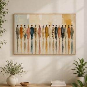 K&ouml;nnte beinhalten: Ein rechteckiges gerahmtes Wandbild mit einem &Ouml;lgem&auml;lde, das eine Reihe von nebeneinander stehenden Figuren zeigt. Die Figuren sind in verschiedenen Farben wie Orange, Blau, Gelb und Wei&szlig; dargestellt, wobei vertikale Pinselstriche Reflexionen erzeugen.
