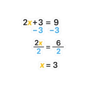May include: A white sticker with a math equation: 2x+3=9, followed by the steps to solve for x. The final answer, x=3, is displayed at the bottom. The numbers and symbols are in black, blue, and yellow.