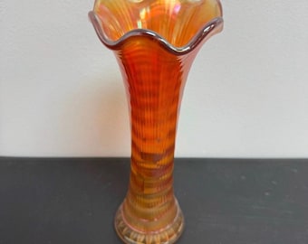 Vintage Imperial Glass Ripple Vase Iridescent Marigold Carnival Glass 9" Tall
