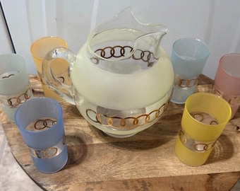 Vintage MCM Blendo Pastels Pitcher and 5 Glasses