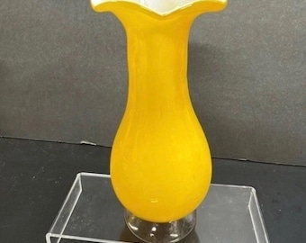 Vintage MCM Cased 8" art glass Yellow on White RUFFLE VASE, Hand Blown